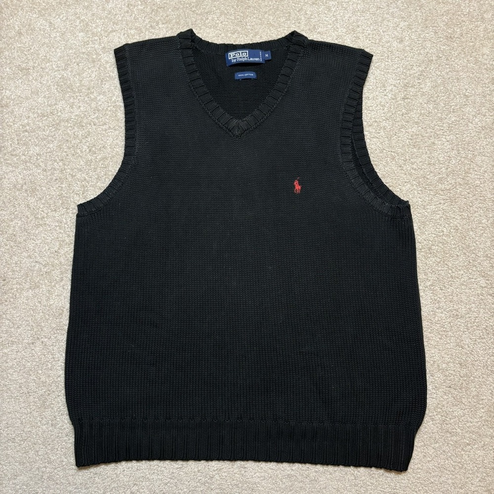 Vtg Polo Ralph Lauren Sweater Vest Mens Medium Black Cotton Knit V Neck Pony 90s
